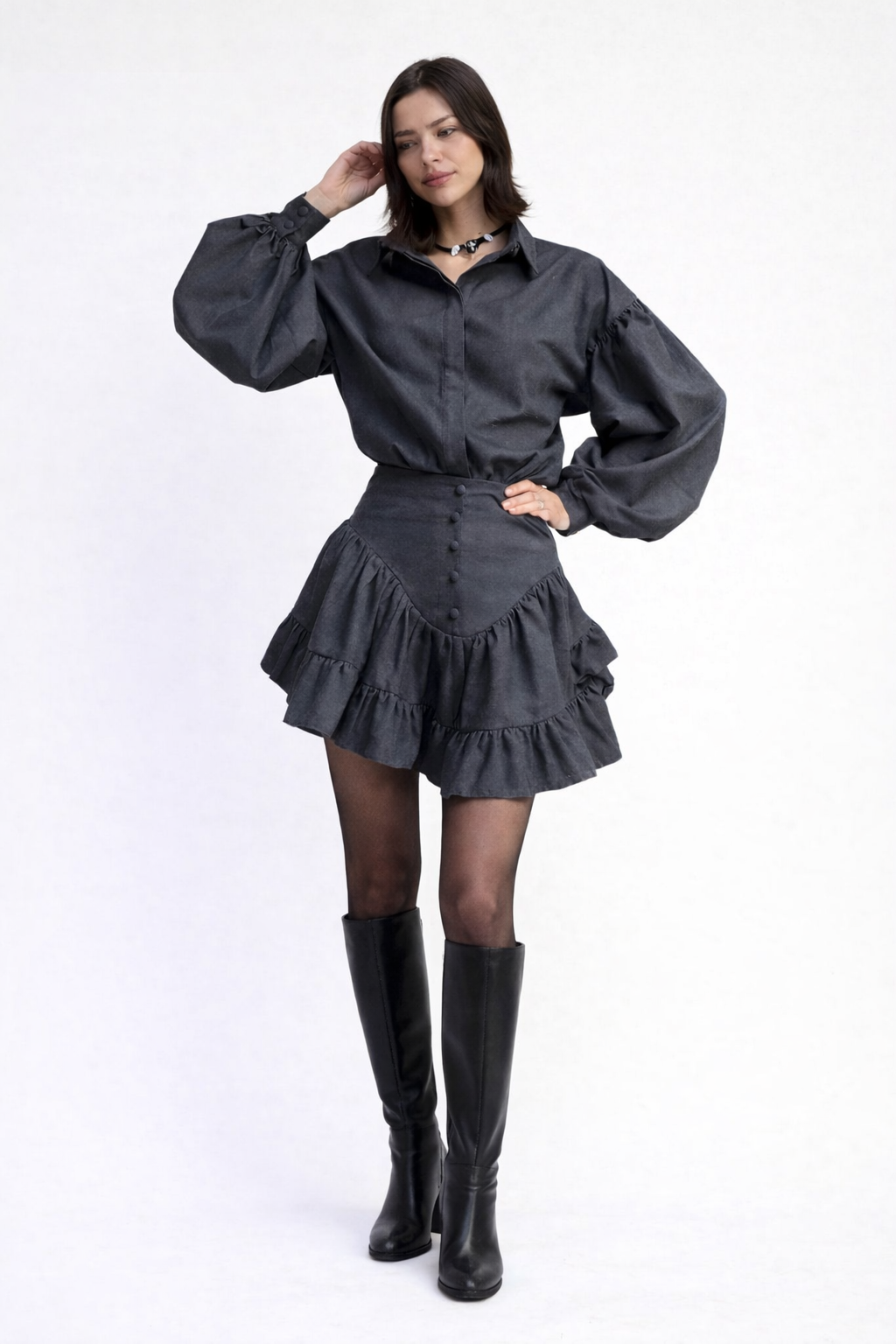 Erica Button Up Ruffle Skirt Set