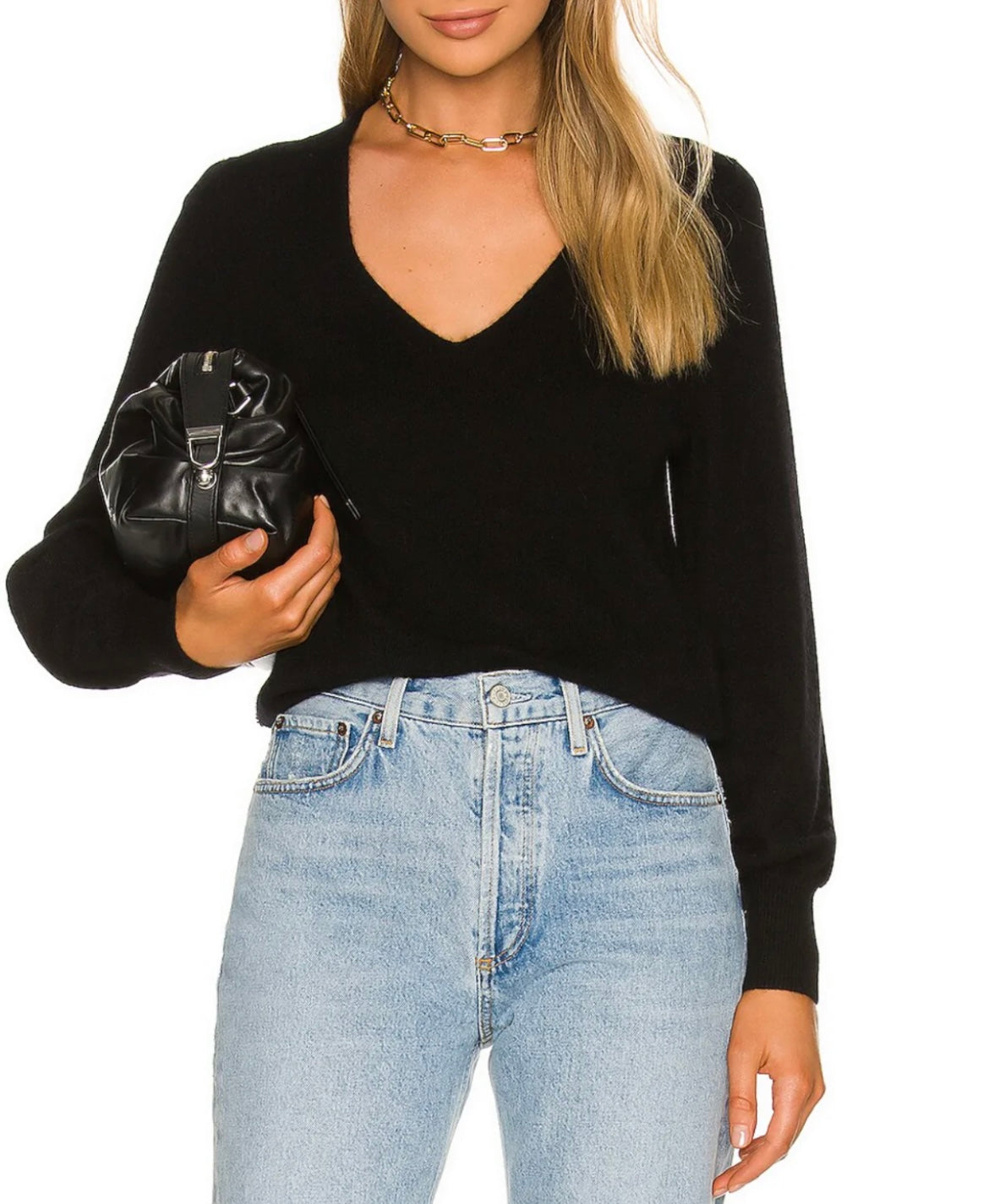 Cashmere Blouson Sleeve V Neck Sweater